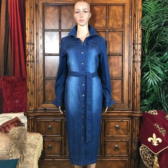 NWOT G.I.L.I. Mid Wash Stretch Cotton Denim Snap Front Belted Shirtdress - Picture 1 of 16